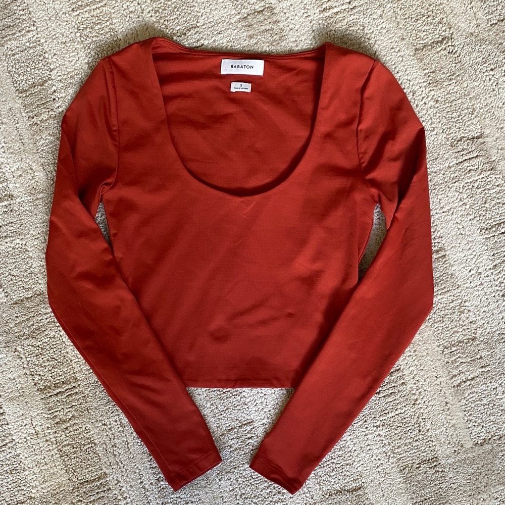 Babaton Rust Contour, Scoop Neck, Long Sleeve Crop Top